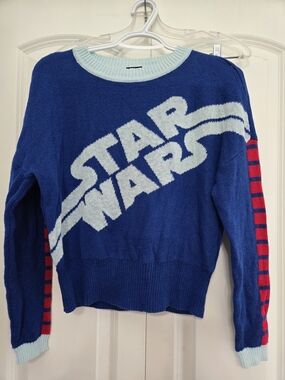 Star Wars Blue Crewneck Sweater with Light Blue Trim and Red Stripe Sleeves